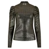Apricot - Puffy Sleeve Metallic Shirt - Gold