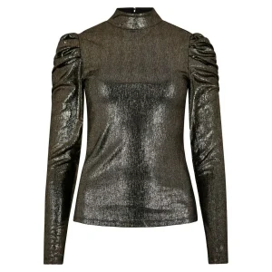 Apricot - Puffy Sleeve Metallic Shirt - Gold