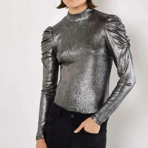 Apricot - Puffy Sleeve Metallic Shirt - Gold