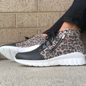 Naot Polaris high top lace up side zipper leather sneaker in cheetah print