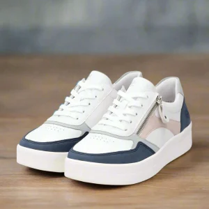 REMONTE D0J01-85 White and Blue Comfortable Lace/Zipper Sneakers