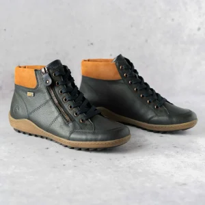 REMONTE R1457-14 Waterproof Sneaker in Navy Leather with Brown accent